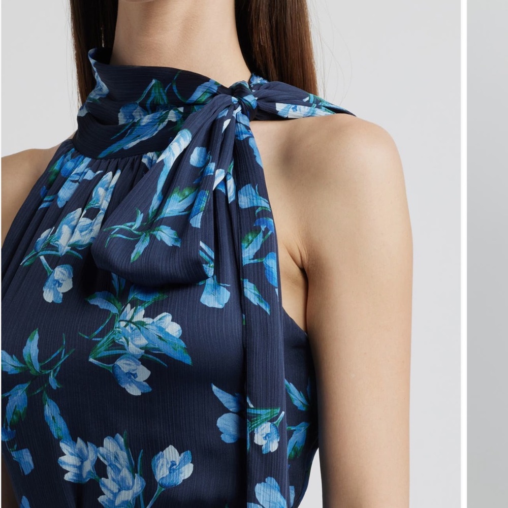 Sachin + Babi Kayla Crinkle Georgette One Shoulder Floral Gown in Blue EUC - Picture 5 of 14